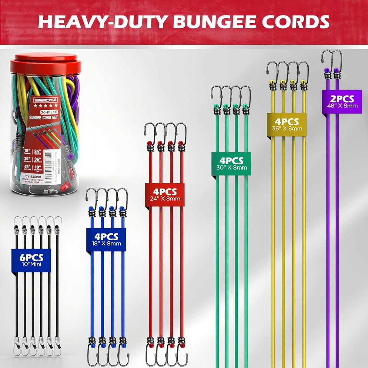 Heavy-duty SEDY bungee cords with strong coated steel hooks and premium elastic latex core, ideal for cargo, camping, and organization