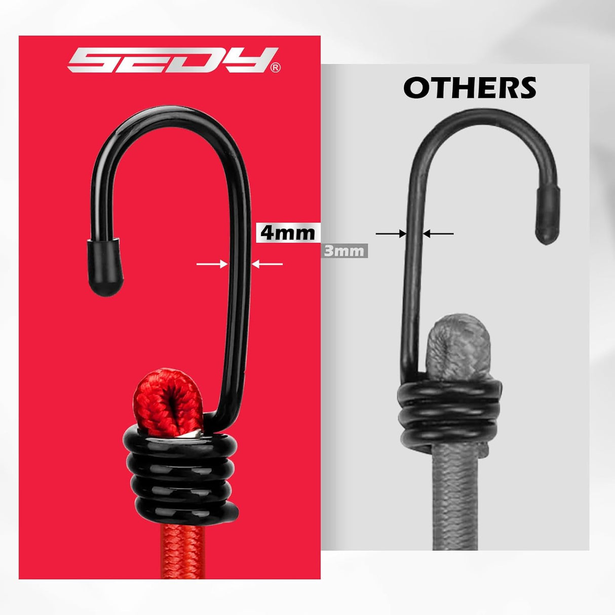 Heavy-duty SEDY bungee cords with strong coated steel hooks and premium elastic latex core, ideal for cargo, camping, and organization