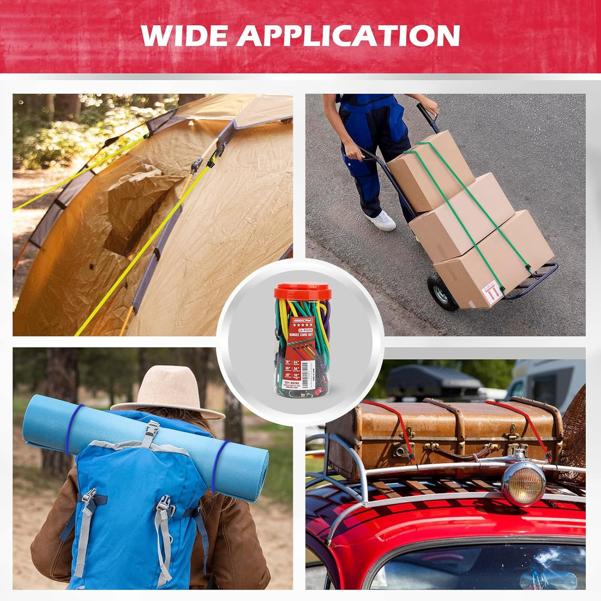 Heavy-duty SEDY bungee cords with strong coated steel hooks and premium elastic latex core, ideal for cargo, camping, and organization