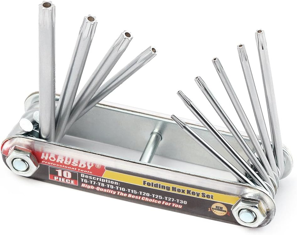 HORUSDY 10-piece folding Torx key wrench set with CR-V steel, T6 to T30 sizes, tamper-resistant drilled tips, and compact folding design