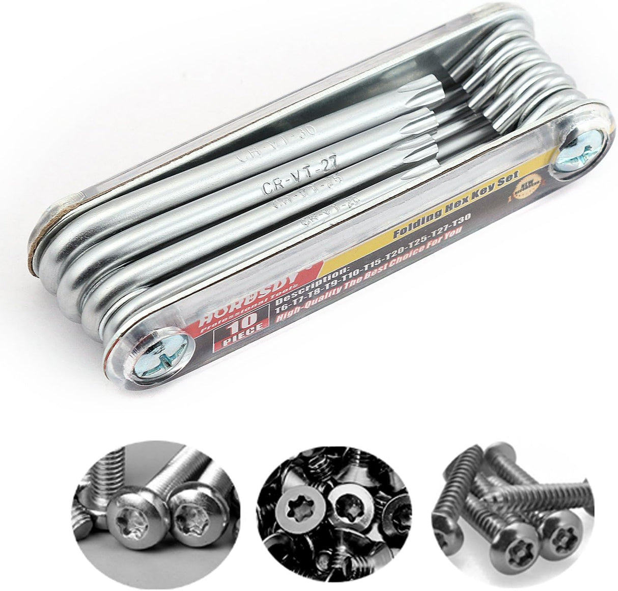 HORUSDY 10-piece folding Torx key wrench set with CR-V steel, T6 to T30 sizes, tamper-resistant drilled tips, and compact folding design