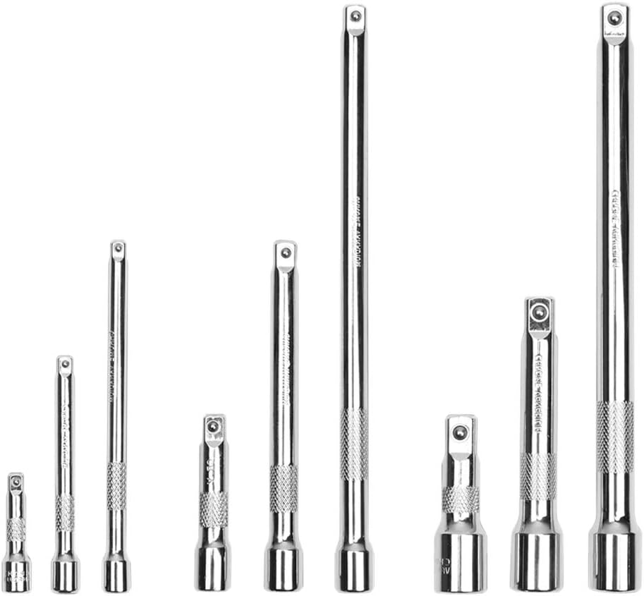 HORUSDY 9-piece extension bar set for socket wrench with 1/4", 3/8", and 1/2" drive sizes, chrome-plated and knurled for grip