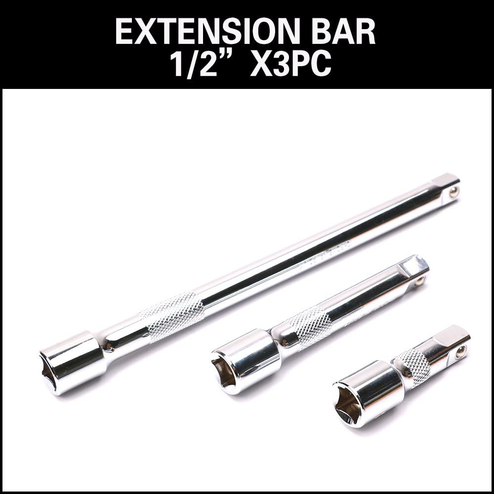 HORUSDY 9-piece extension bar set for socket wrench with 1/4", 3/8", and 1/2" drive sizes, chrome-plated and knurled for grip