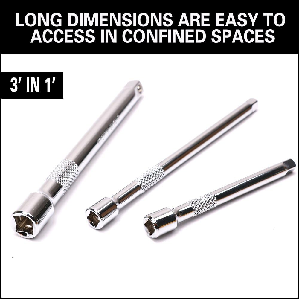 HORUSDY 9-piece extension bar set for socket wrench with 1/4", 3/8", and 1/2" drive sizes, chrome-plated and knurled for grip