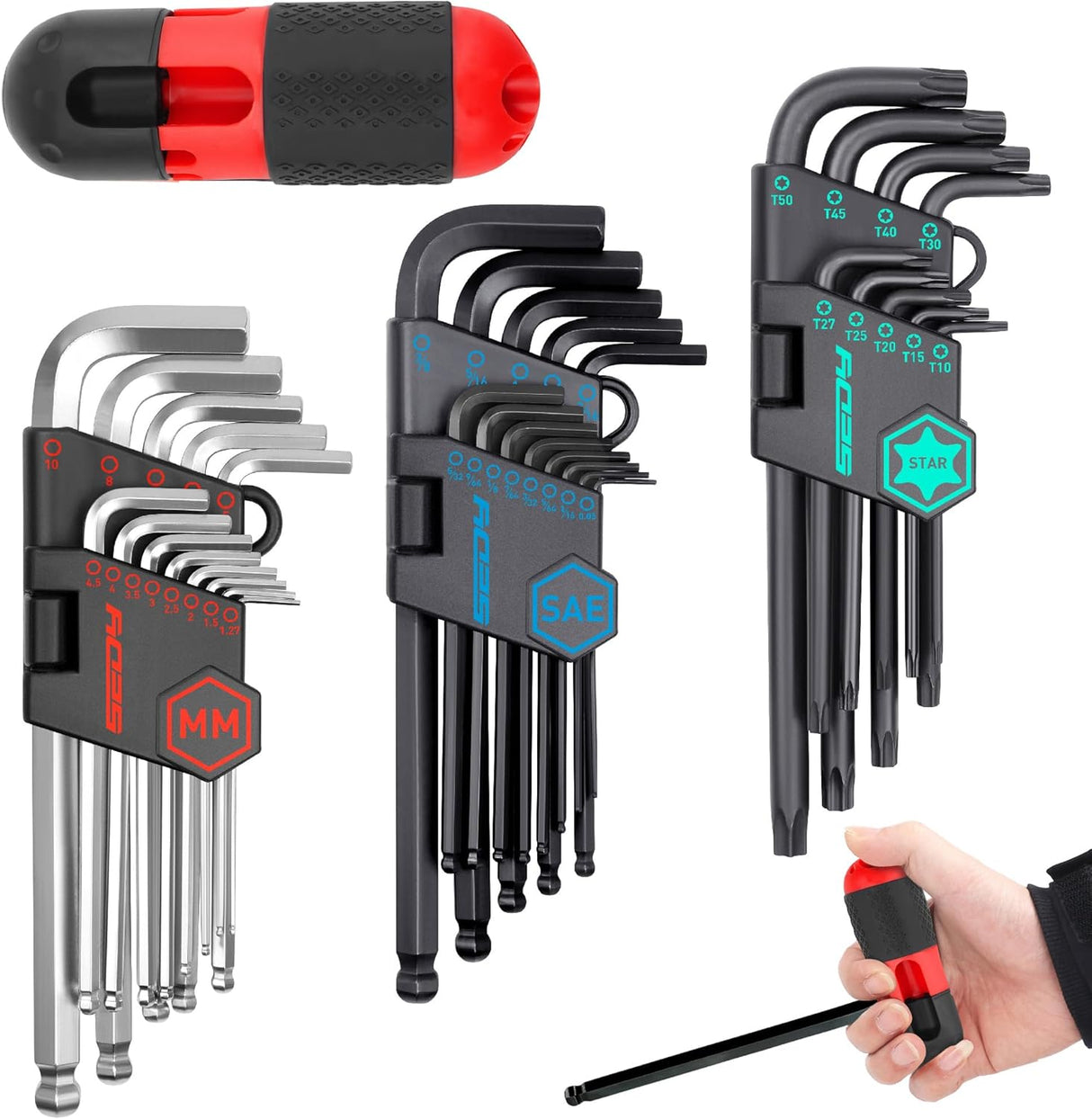 36-piece long arm ball end hex key and star wrench set with color-coded holders, T-handle driver, and organized storage pouch for bike, car, and home tool use.