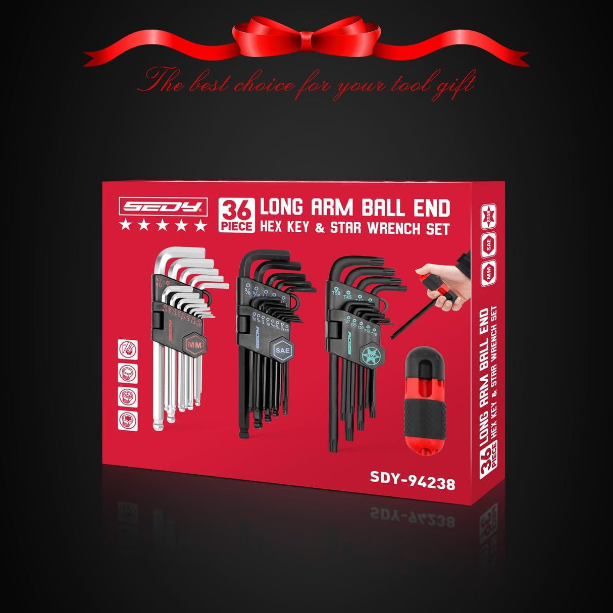 36-piece long arm ball end hex key and star wrench set with color-coded holders, T-handle driver, and organized storage pouch for bike, car, and home tool use.