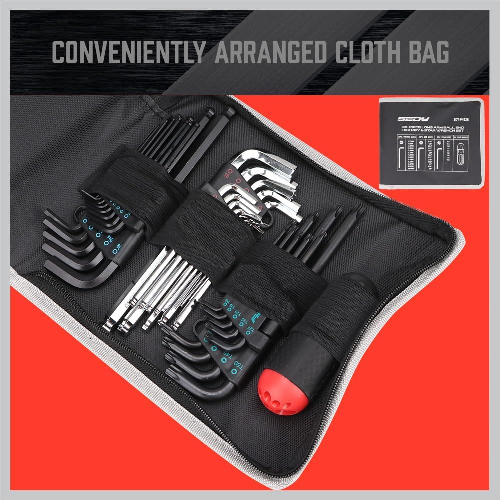 36-piece long arm ball end hex key and star wrench set with color-coded holders, T-handle driver, and organized storage pouch for bike, car, and home tool use.