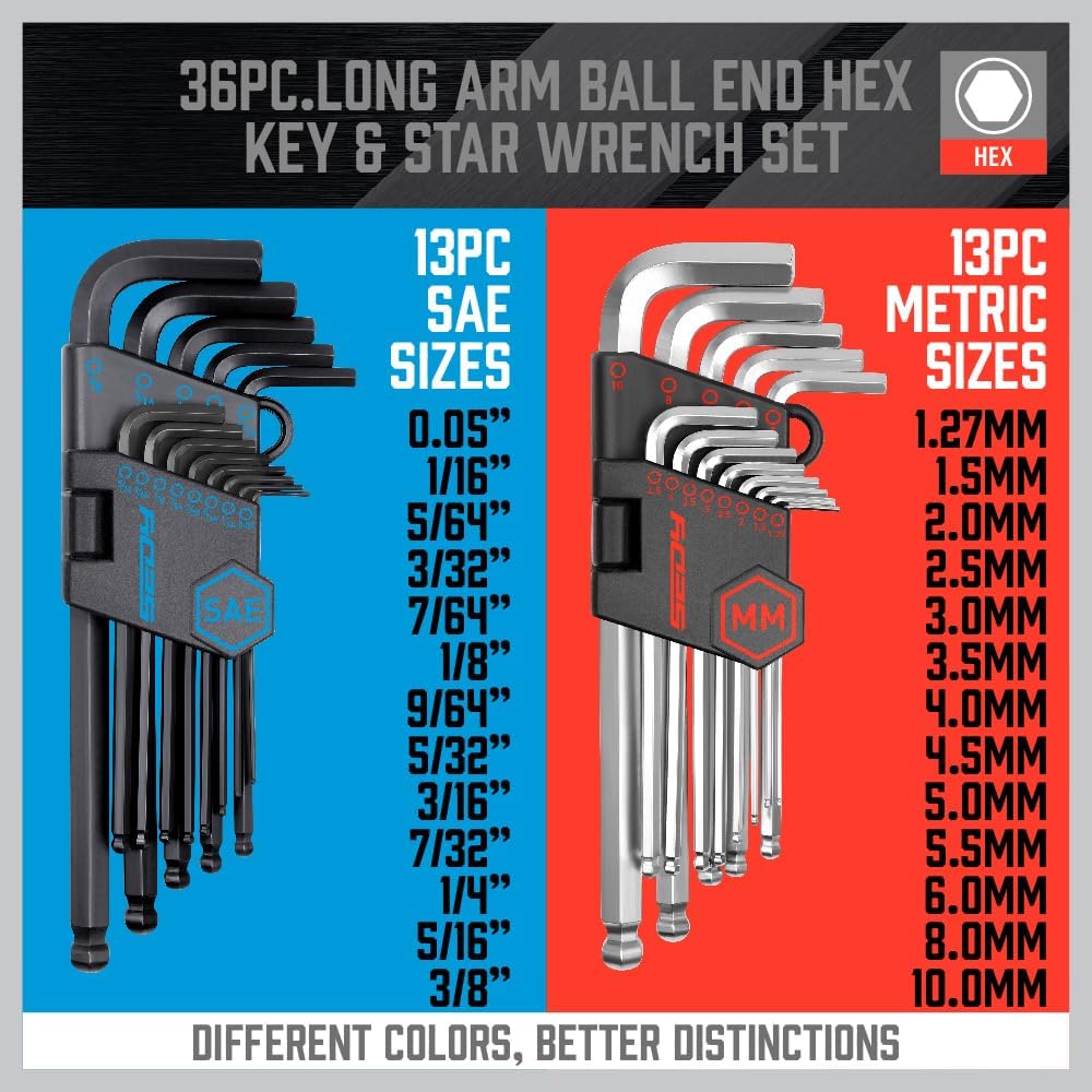 36-piece long arm ball end hex key and star wrench set with color-coded holders, T-handle driver, and organized storage pouch for bike, car, and home tool use.