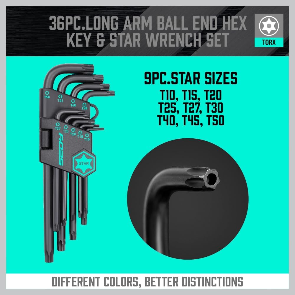 36-piece long arm ball end hex key and star wrench set with color-coded holders, T-handle driver, and organized storage pouch for bike, car, and home tool use.