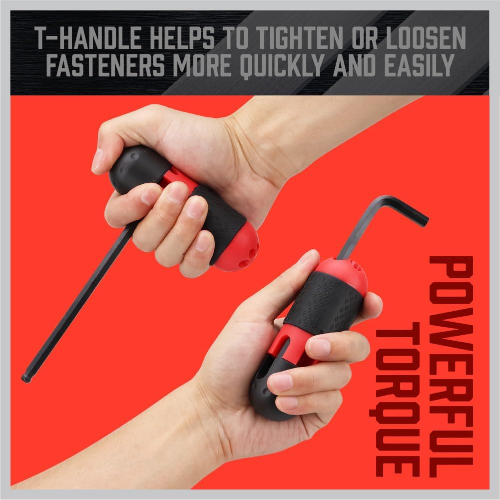 36-piece long arm ball end hex key and star wrench set with color-coded holders, T-handle driver, and organized storage pouch for bike, car, and home tool use.