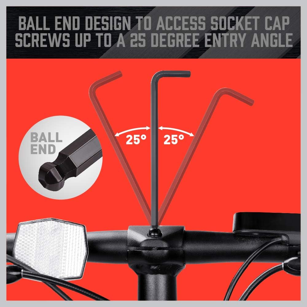 36-piece long arm ball end hex key and star wrench set with color-coded holders, T-handle driver, and organized storage pouch for bike, car, and home tool use.