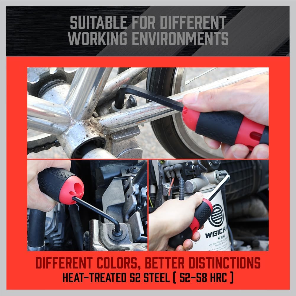 36-piece long arm ball end hex key and star wrench set with color-coded holders, T-handle driver, and organized storage pouch for bike, car, and home tool use.