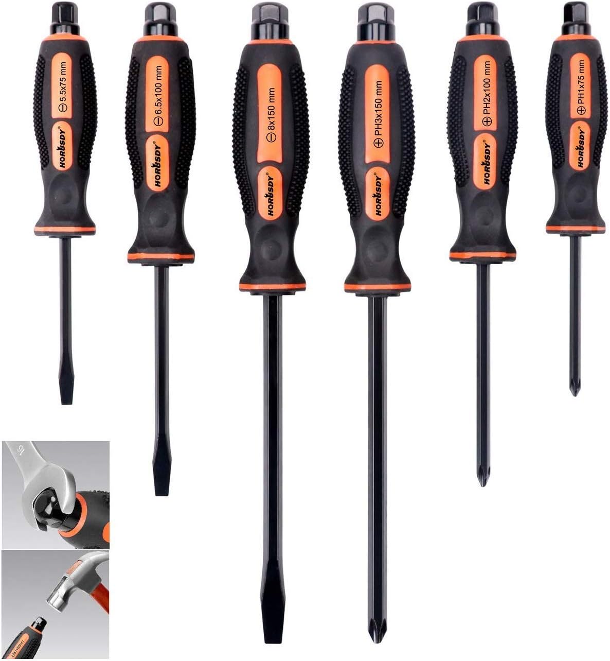 6-piece heavy duty industrial magnetic screwdriver set with center shaft, hex bolster, ergonomic handle and plastic storage bracket for workshop and home use.