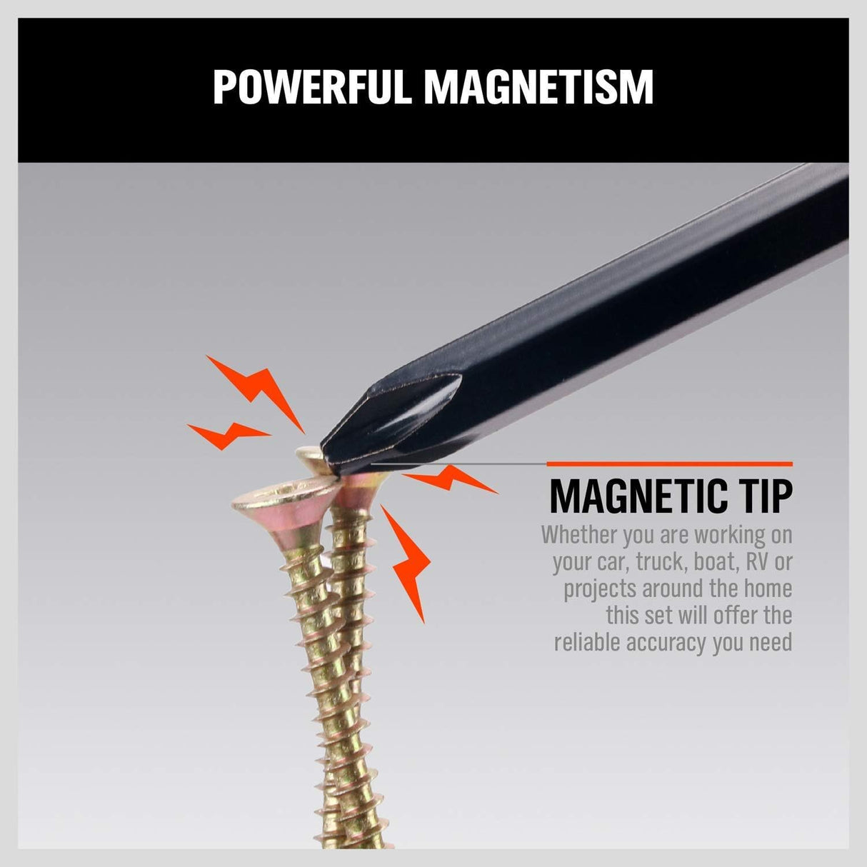 6-piece heavy duty industrial magnetic screwdriver set with center shaft, hex bolster, ergonomic handle and plastic storage bracket for workshop and home use.