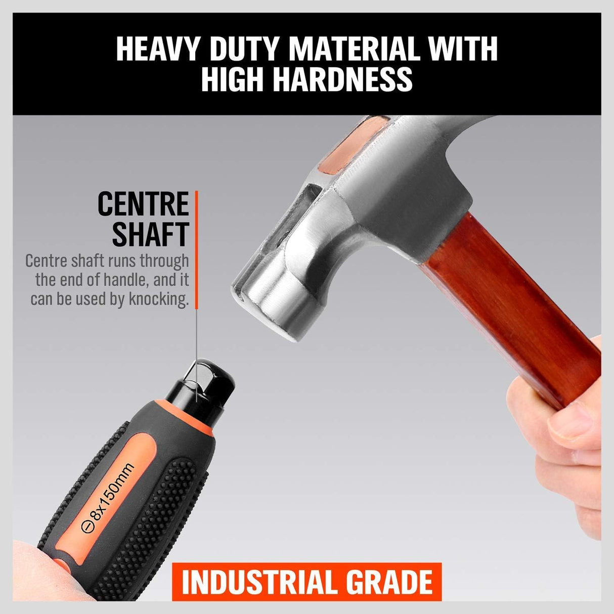 6-piece heavy duty industrial magnetic screwdriver set with center shaft, hex bolster, ergonomic handle and plastic storage bracket for workshop and home use.