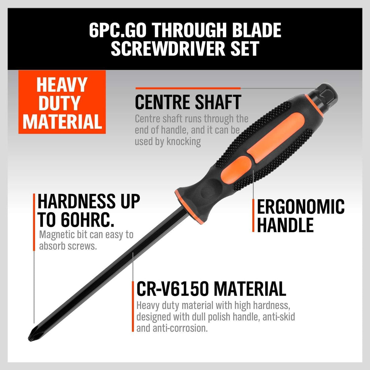 6-piece heavy duty industrial magnetic screwdriver set with center shaft, hex bolster, ergonomic handle and plastic storage bracket for workshop and home use.