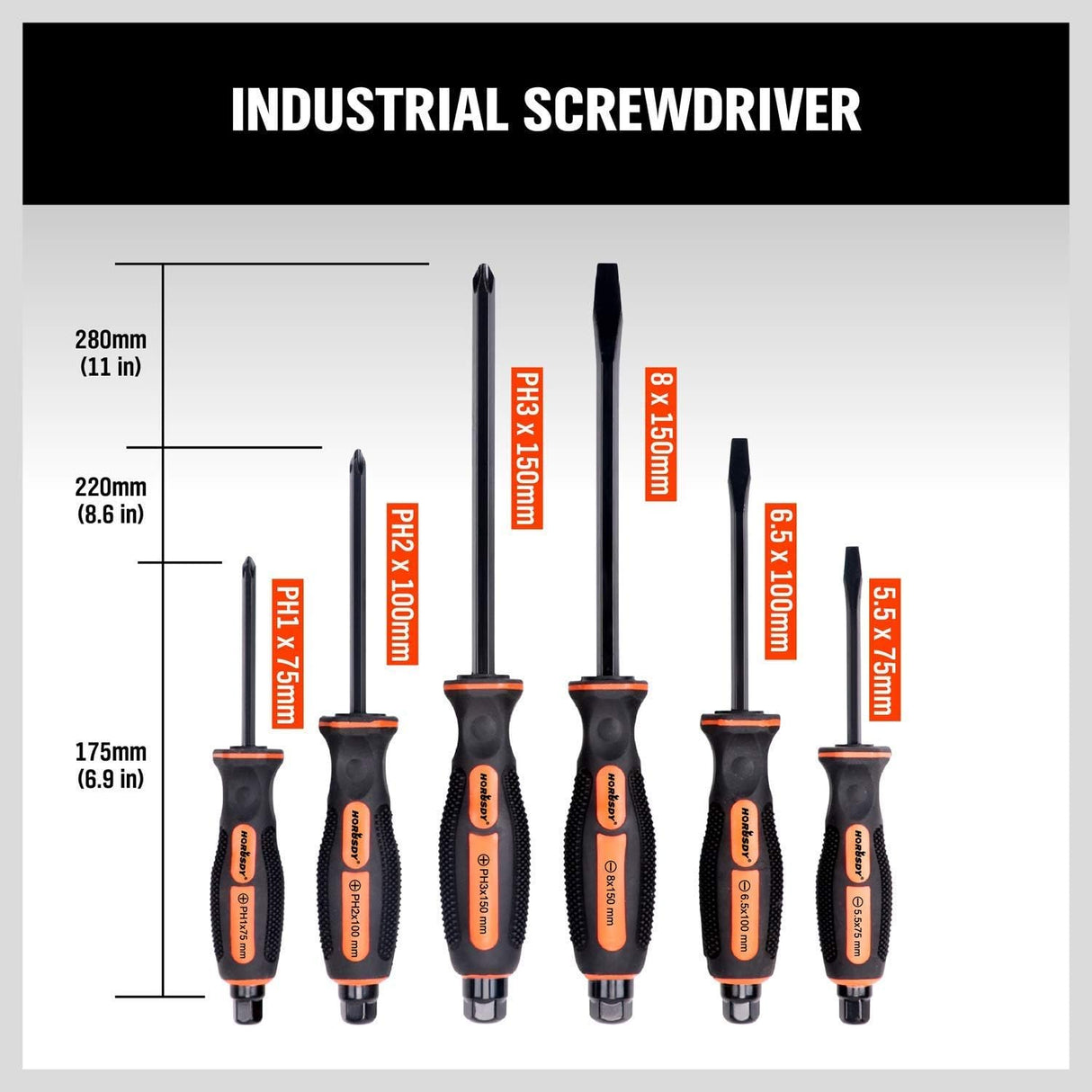 HORUSDY 6-Piece Industrial Magnetic Screwdriver Set, Heavy Duty CR-V Shaft with Hex Bolster & Center Shaft, Slotted & Phillips Tips