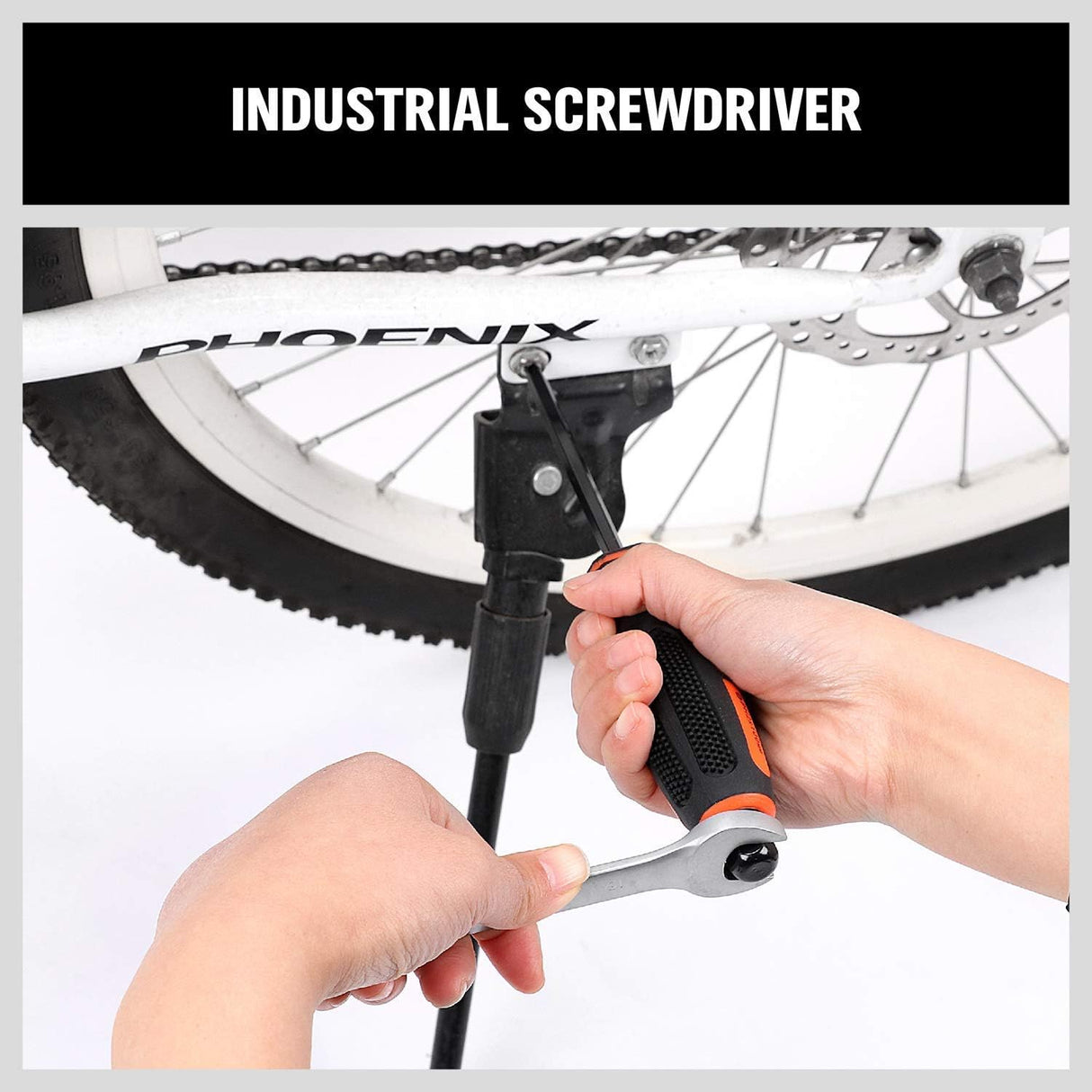 6-piece heavy duty industrial magnetic screwdriver set with center shaft, hex bolster, ergonomic handle and plastic storage bracket for workshop and home use.