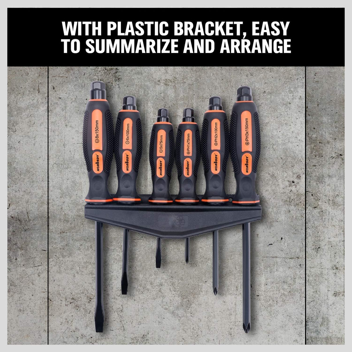 6-piece heavy duty industrial magnetic screwdriver set with center shaft, hex bolster, ergonomic handle and plastic storage bracket for workshop and home use.