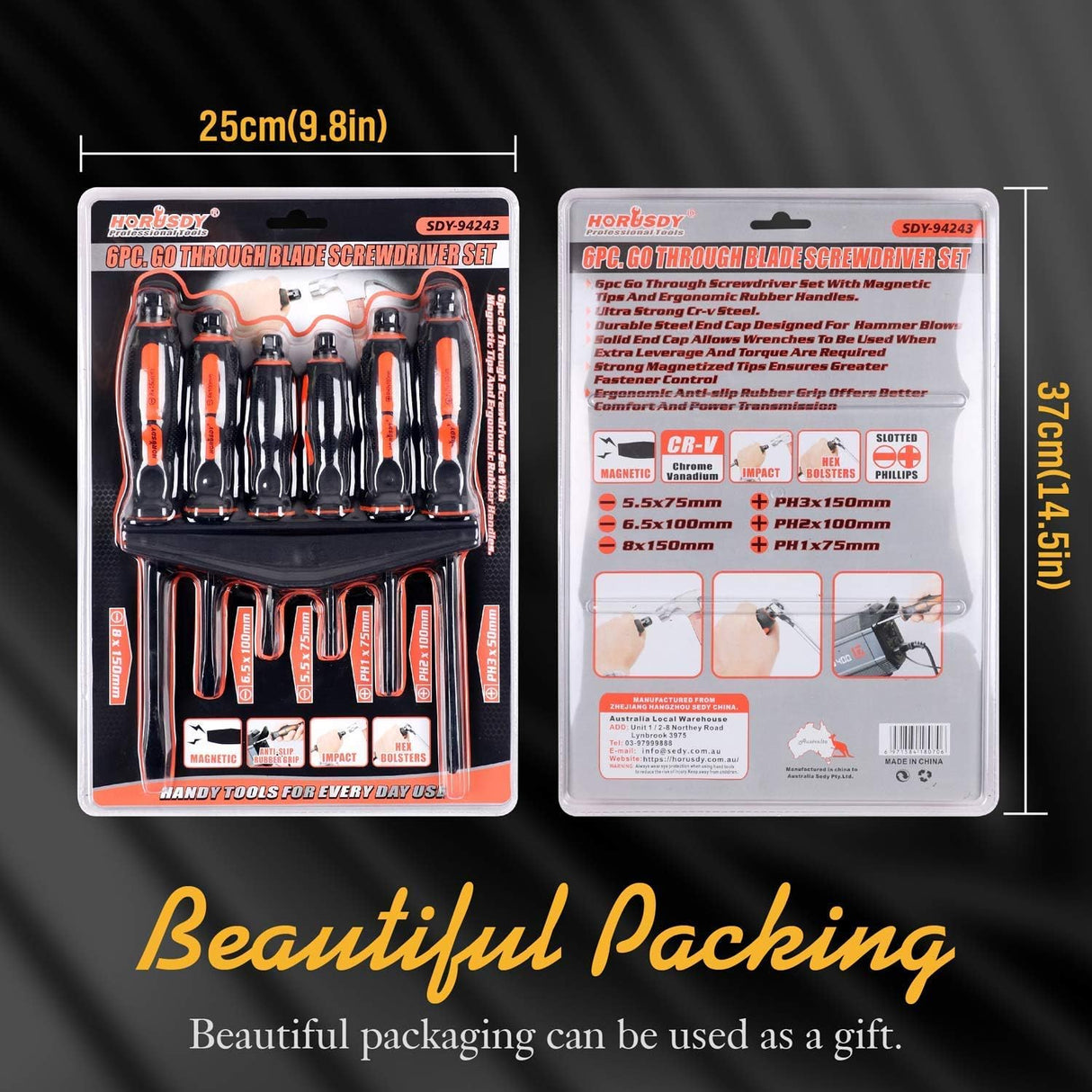 6-piece heavy duty industrial magnetic screwdriver set with center shaft, hex bolster, ergonomic handle and plastic storage bracket for workshop and home use.