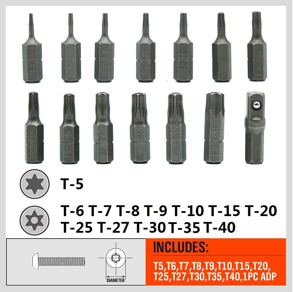 HORUSDY 14-piece S2 steel Torx bit set with short T5–T40 bits and 1/4” adapter, ideal for precision work on electronics, laptops, and appliances.