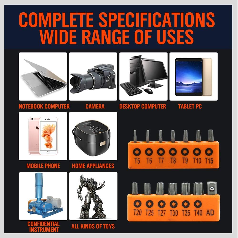 HORUSDY 14-piece S2 steel Torx bit set with short T5–T40 bits and 1/4” adapter, ideal for precision work on electronics, laptops, and appliances.