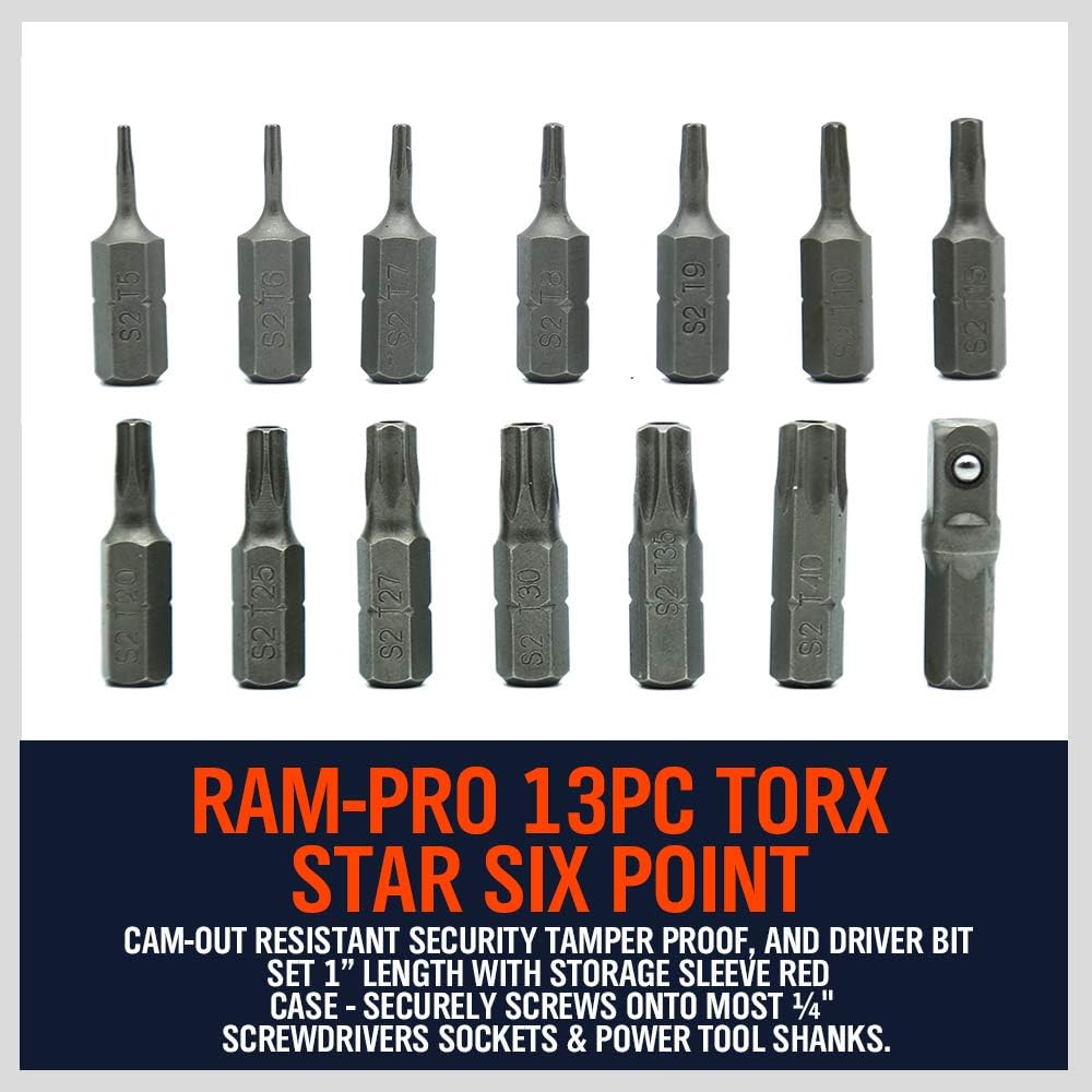 HORUSDY 14-piece S2 steel Torx bit set with short T5–T40 bits and 1/4” adapter, ideal for precision work on electronics, laptops, and appliances.