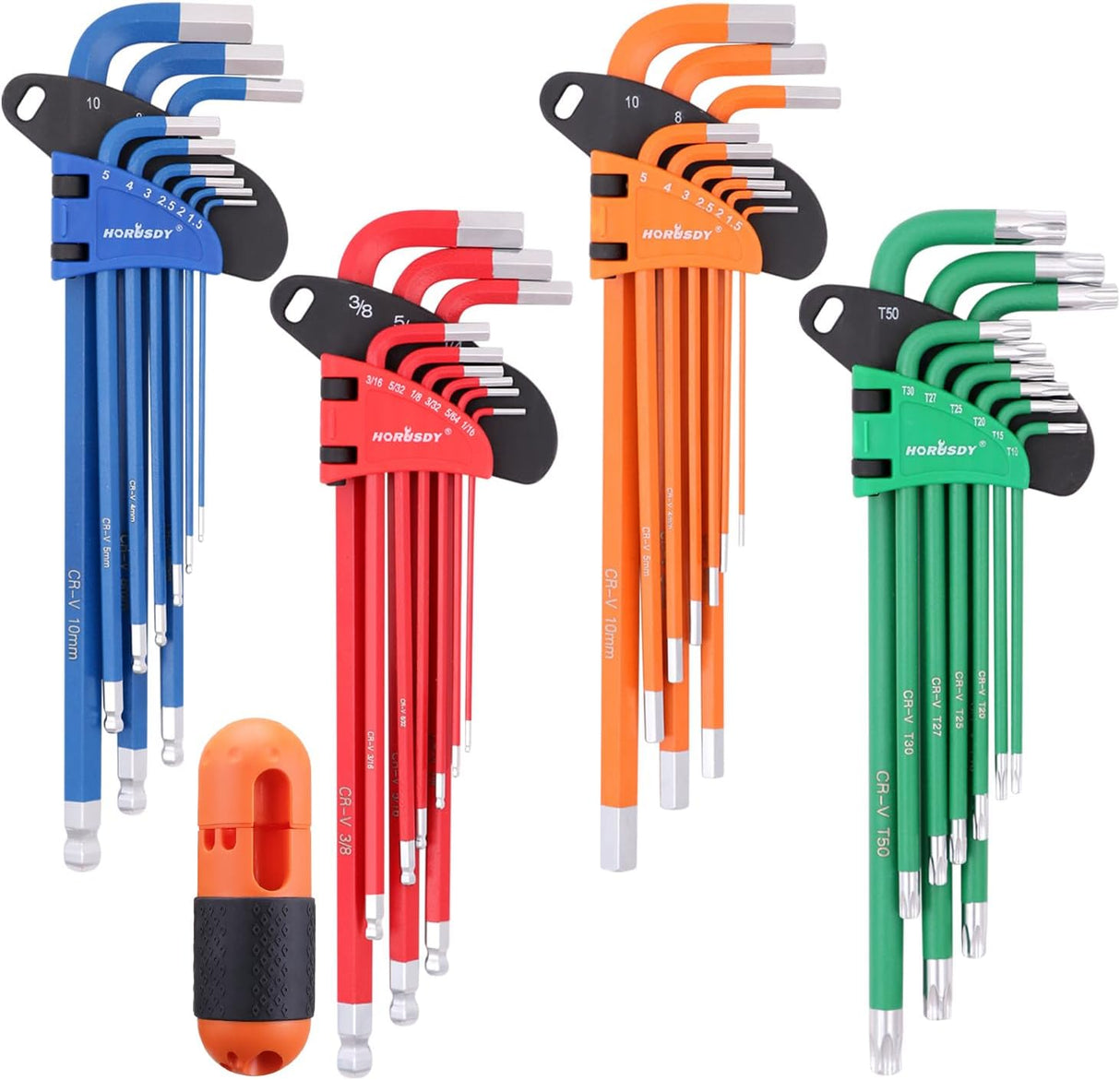 HORUSDY 37-piece long arm ball end hex key and star wrench set, color coded, CR-V steel, metric SAE and Torx sizes