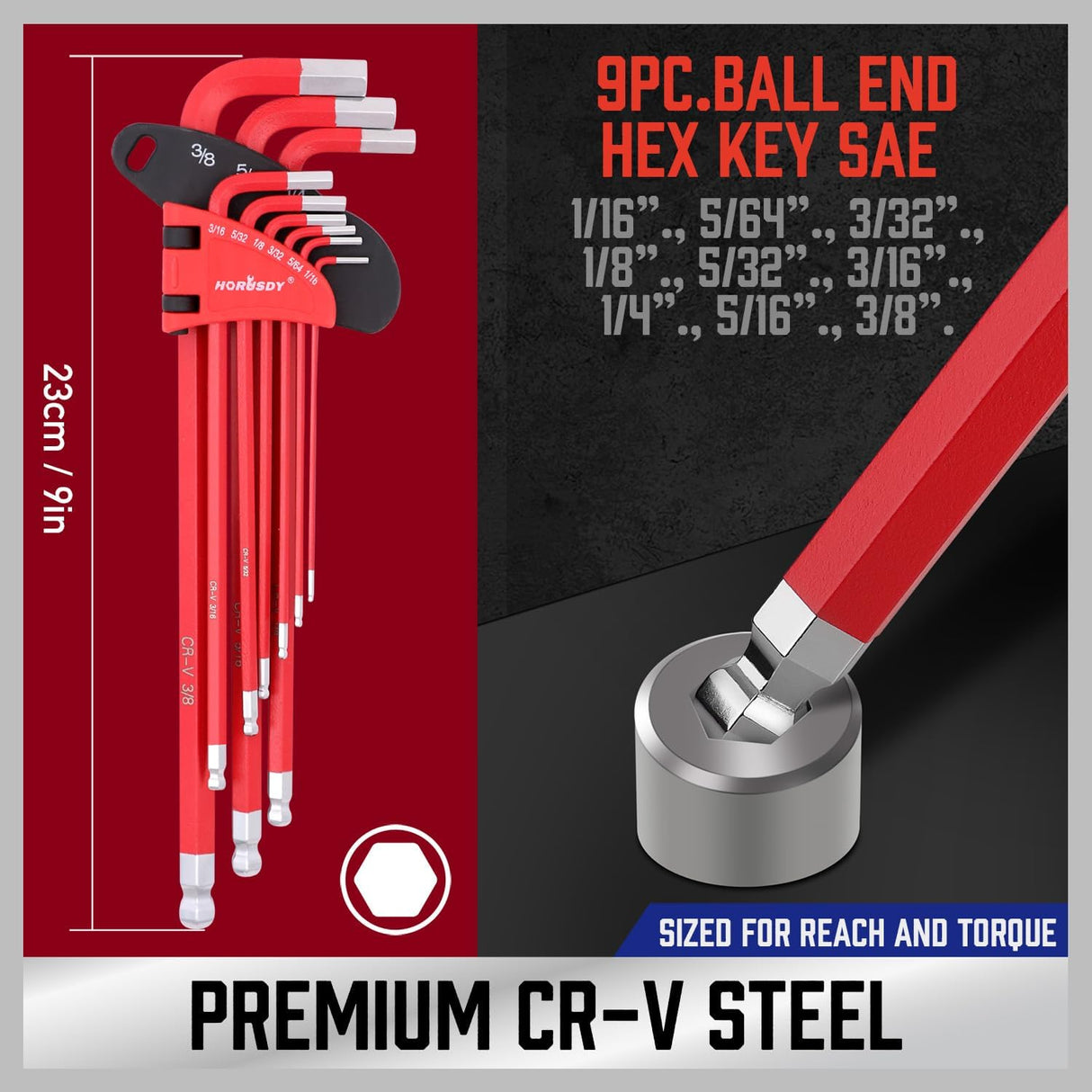 HORUSDY 37-piece long arm ball end hex key and star wrench set, color coded, CR-V steel, metric SAE and Torx sizes