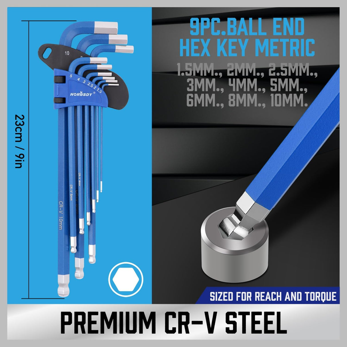HORUSDY 37-piece long arm ball end hex key and star wrench set, color coded, CR-V steel, metric SAE and Torx sizes