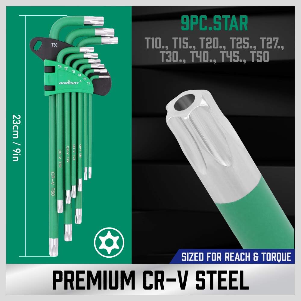 HORUSDY 37-piece long arm ball end hex key and star wrench set, color coded, CR-V steel, metric SAE and Torx sizes