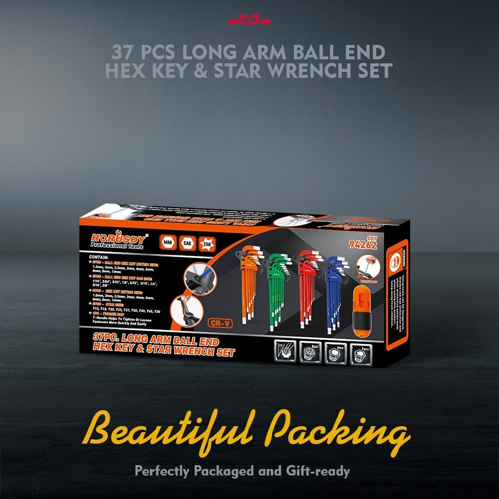 HORUSDY 37-piece long arm ball end hex key and star wrench set, color coded, CR-V steel, metric SAE and Torx sizes