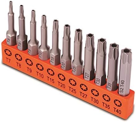 HORUSDY 11-piece S2 steel Torx screwdriver bit set with T7 to T40 sizes and 1/4-inch hex shank, ideal for precision fastener driving and automotive repair.