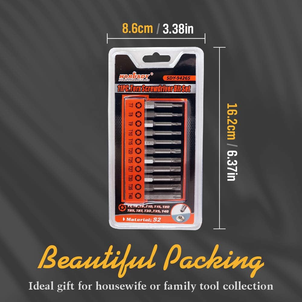HORUSDY 11-piece S2 steel Torx screwdriver bit set with T7 to T40 sizes and 1/4-inch hex shank, ideal for precision fastener driving and automotive repair.