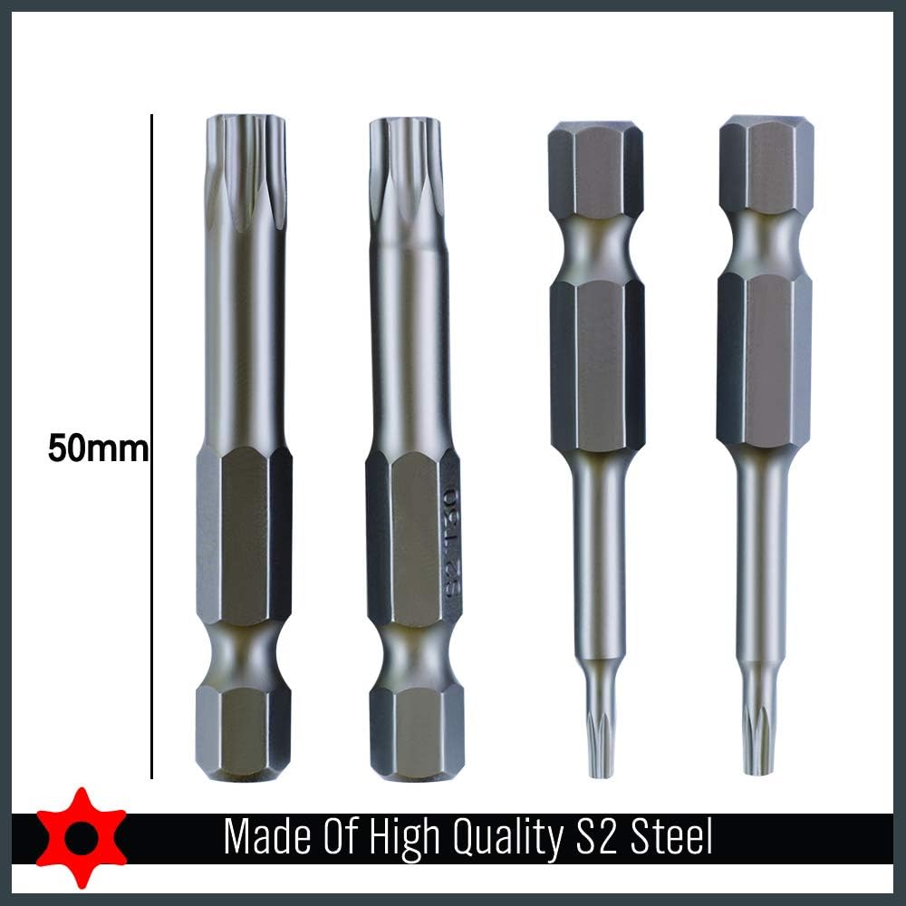 HORUSDY 11-piece S2 steel Torx screwdriver bit set with T7 to T40 sizes and 1/4-inch hex shank, ideal for precision fastener driving and automotive repair.