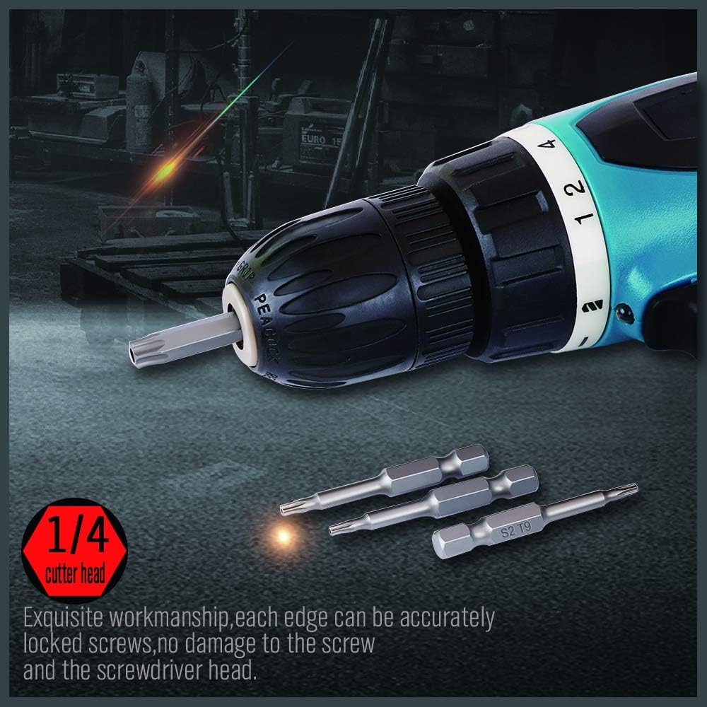 HORUSDY 11-piece S2 steel Torx screwdriver bit set with T7 to T40 sizes and 1/4-inch hex shank, ideal for precision fastener driving and automotive repair.