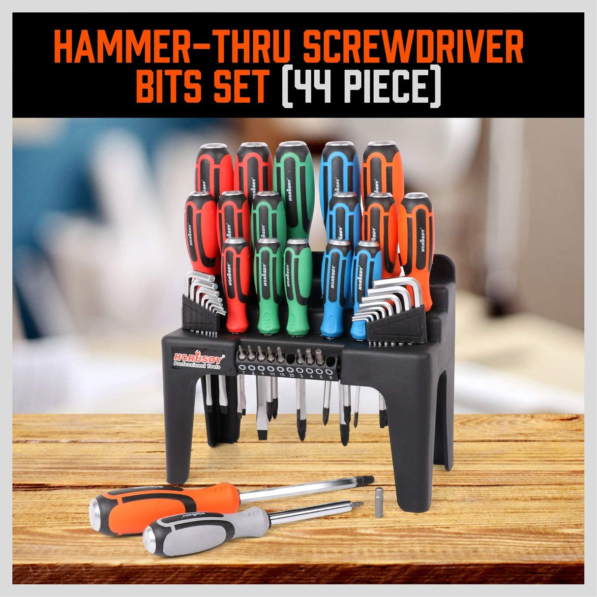 HORUSDY 44-piece hammer-thru screwdriver set with magnetic bits, color-coded handles, hex keys, CR-V steel blades, and storage rack