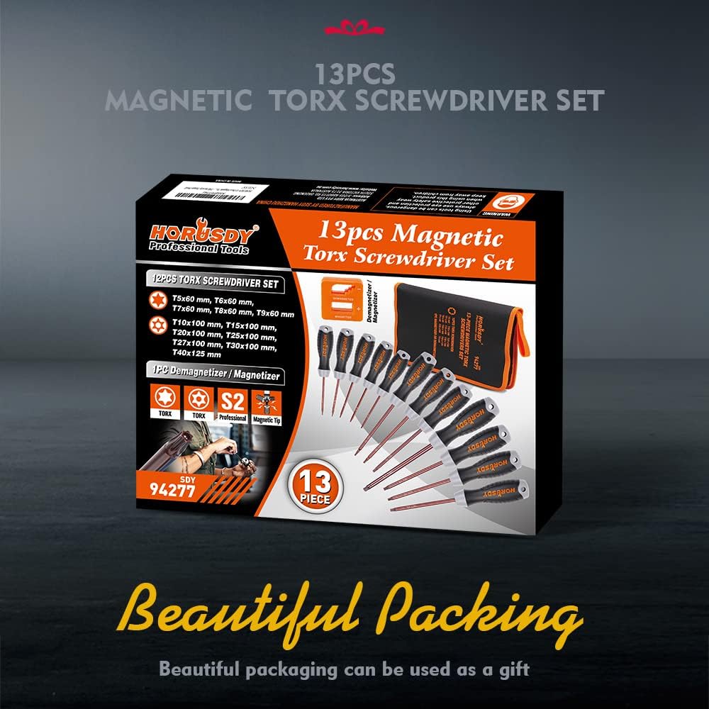 HORUSDY 13-piece magnetic Torx screwdriver set with ergonomic handles, S2 steel shafts, and demagnetizer tool