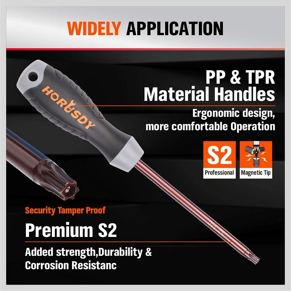 HORUSDY 13-piece magnetic Torx screwdriver set with ergonomic handles, S2 steel shafts, and demagnetizer tool