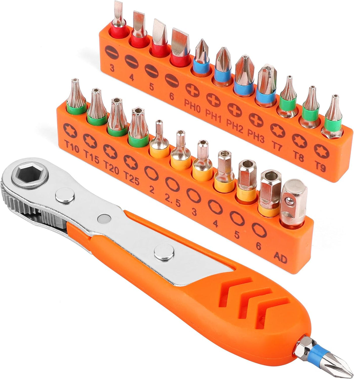 HORUSDY 23-in-1 compact mini ratchet wrench and bit set with reversible gear driver, S2 steel bits, and portable storage for confined space applications.