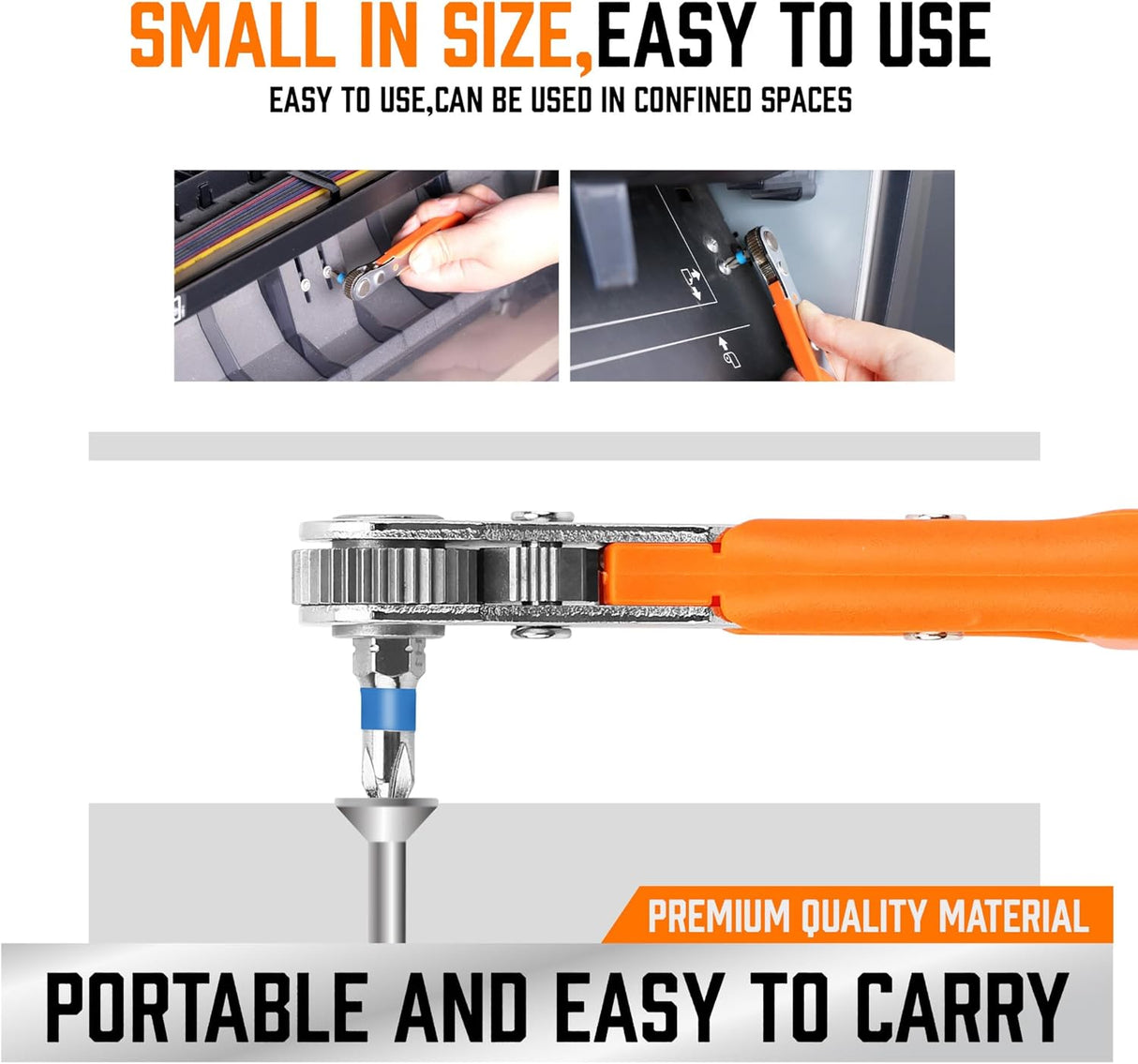 HORUSDY 23-in-1 compact mini ratchet wrench and bit set with reversible gear driver, S2 steel bits, and portable storage for confined space applications.