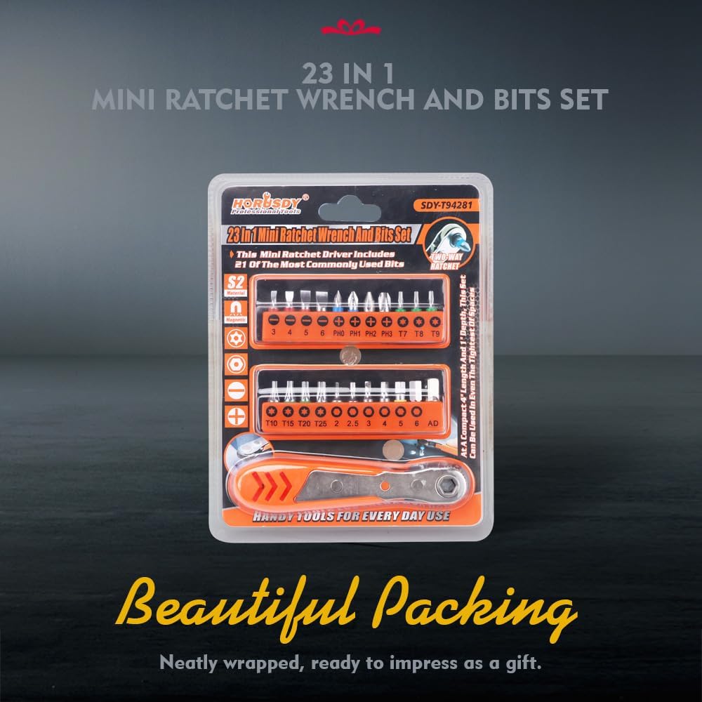 HORUSDY 23-in-1 compact mini ratchet wrench and bit set with reversible gear driver, S2 steel bits, and portable storage for confined space applications.