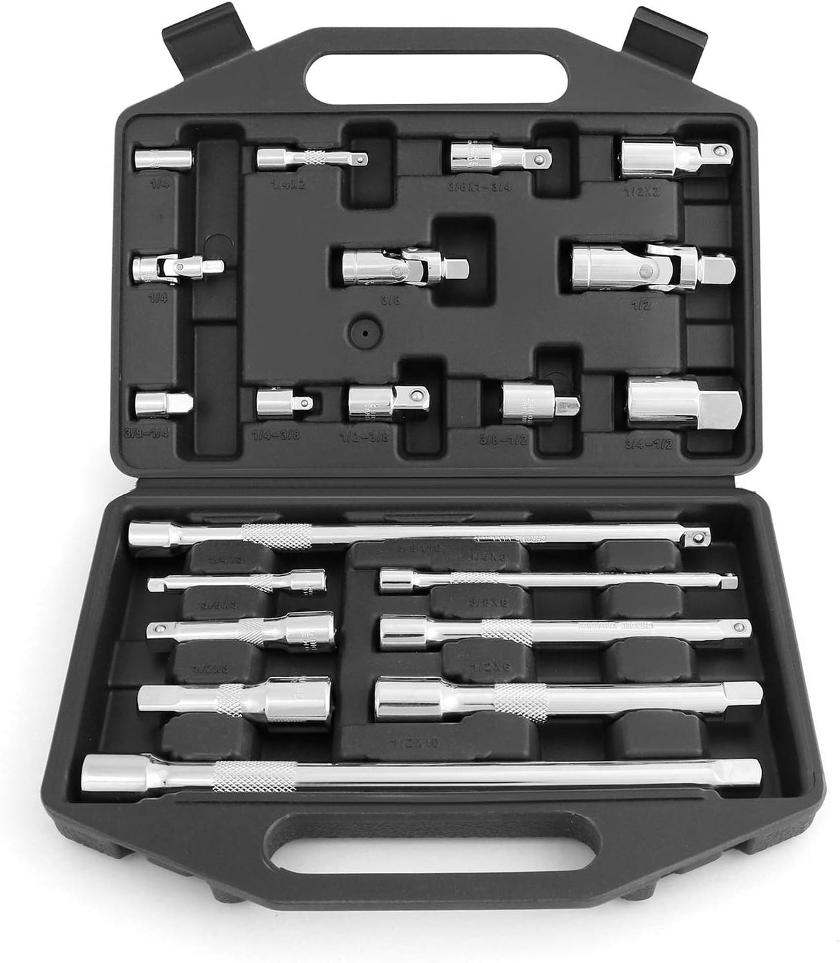 HORUSDY 20-piece socket drive accessory kit with extensions, adapters, and joints for 1/4", 3/8", 1/2" drive sizes in carry case