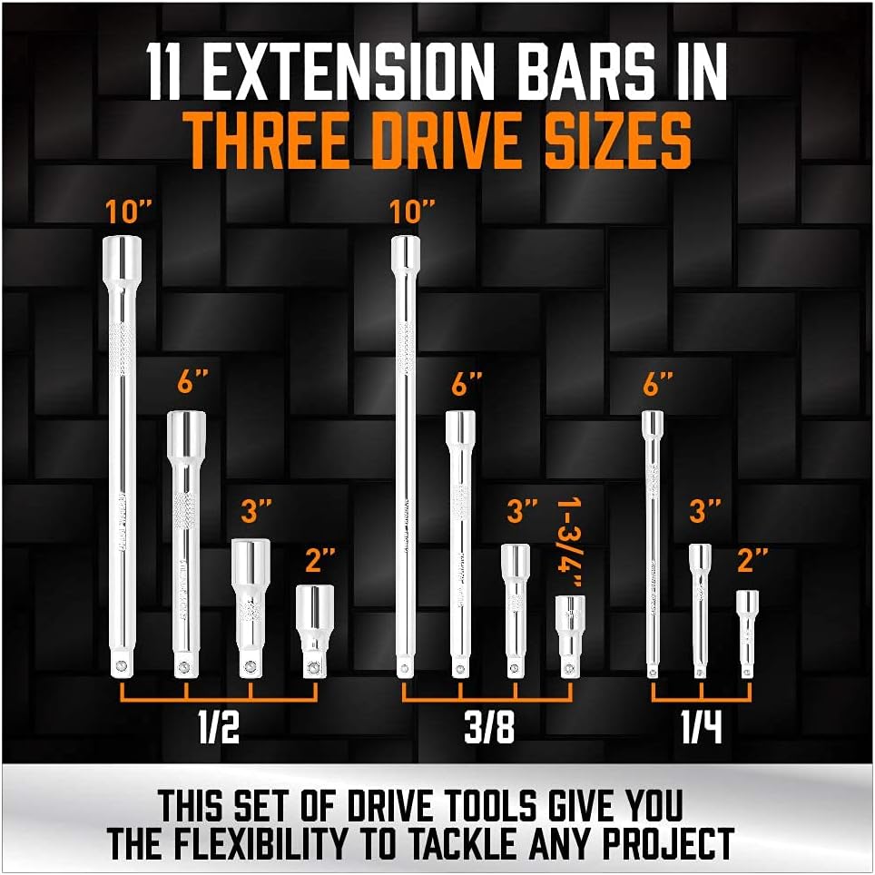 HORUSDY 20-piece socket drive accessory kit with extensions, adapters, and joints for 1/4", 3/8", 1/2" drive sizes in carry case