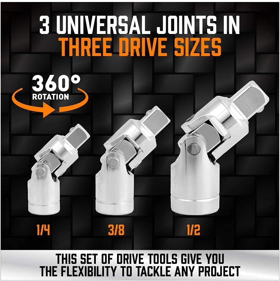 HORUSDY 20-piece socket drive accessory kit with extensions, adapters, and joints for 1/4", 3/8", 1/2" drive sizes in carry case