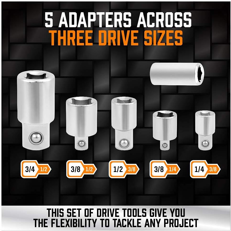 HORUSDY 20-piece socket drive accessory kit with extensions, adapters, and joints for 1/4", 3/8", 1/2" drive sizes in carry case