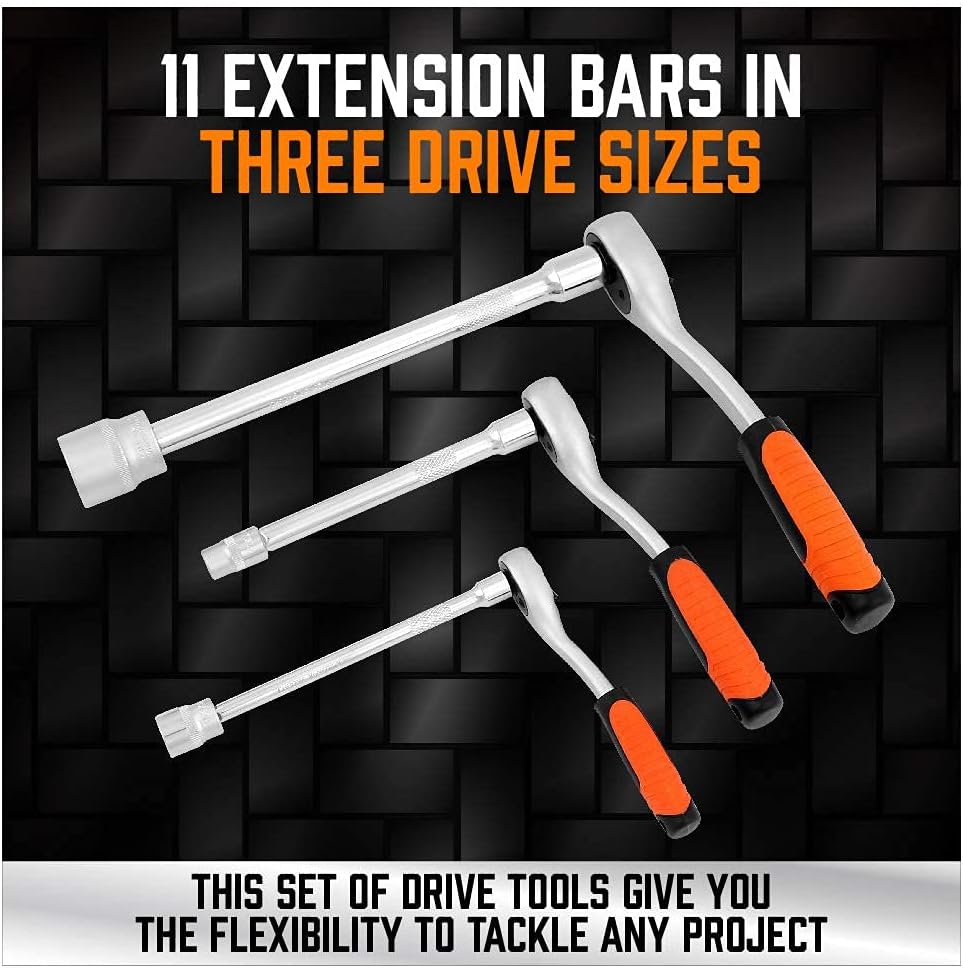 HORUSDY 20-piece socket drive accessory kit with extensions, adapters, and joints for 1/4", 3/8", 1/2" drive sizes in carry case