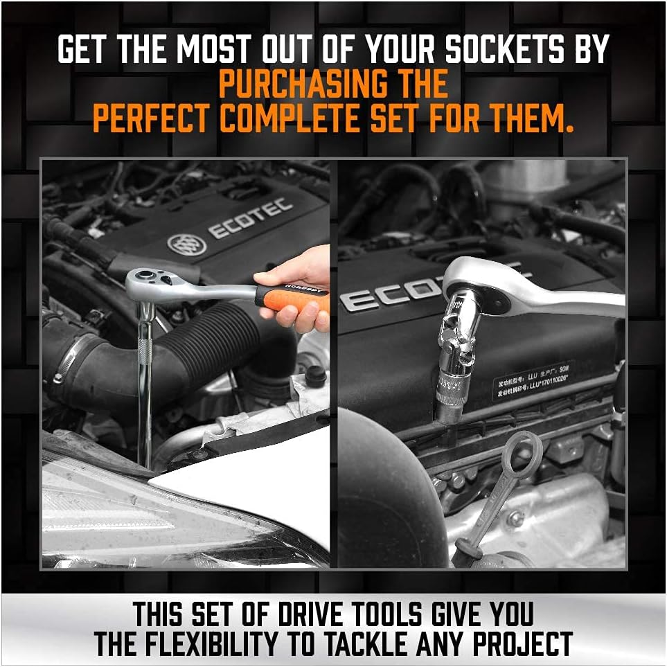 HORUSDY 20-piece socket drive accessory kit with extensions, adapters, and joints for 1/4", 3/8", 1/2" drive sizes in carry case