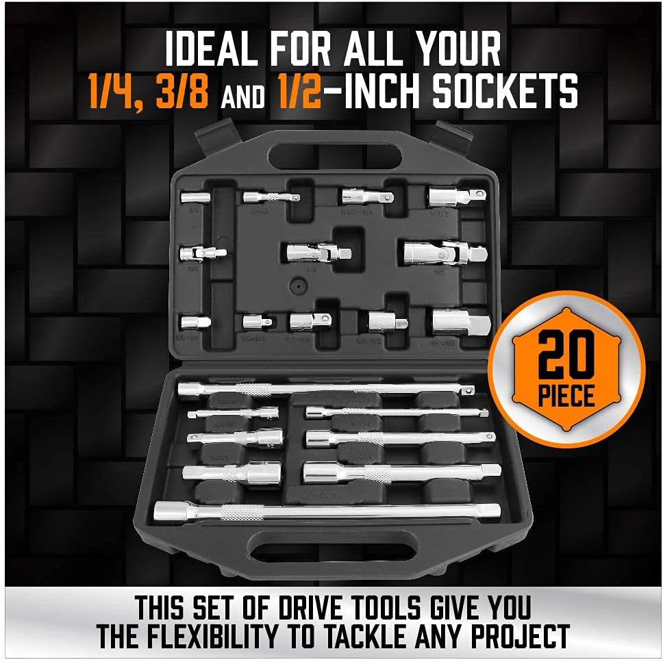 HORUSDY 20-piece socket drive accessory kit with extensions, adapters, and joints for 1/4", 3/8", 1/2" drive sizes in carry case