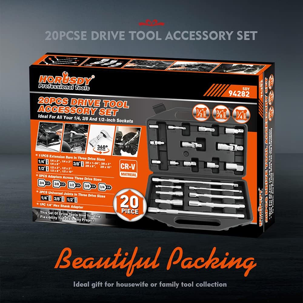 HORUSDY 20-piece socket drive accessory kit with extensions, adapters, and joints for 1/4", 3/8", 1/2" drive sizes in carry case